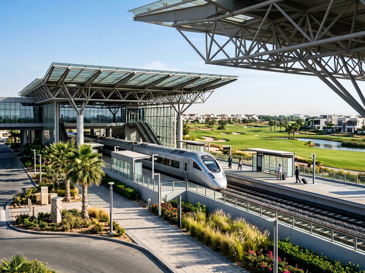 Etihad Rail passenger train arriving at Dubai Al Yalayis Station