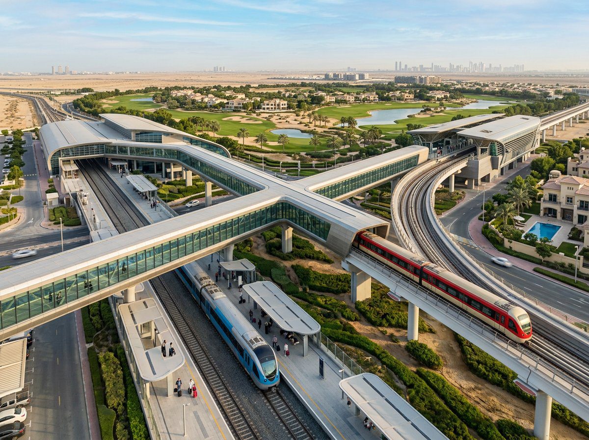 The interchange at Dubai Al Yalayis Station linking Etihad Rail and the Metro Red Line